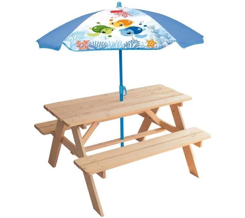 Table Pique-nique En Bois Ma Petite Carapace H.53xl.95xp.100 Cm Avec Parasol Tortue H.125x100 Cm