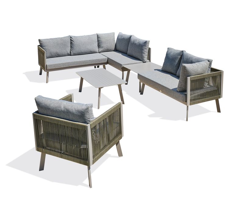 Salon De Jardin D'angle 7 Places En Aluminium Et Corde - Gris Clair - Manosque