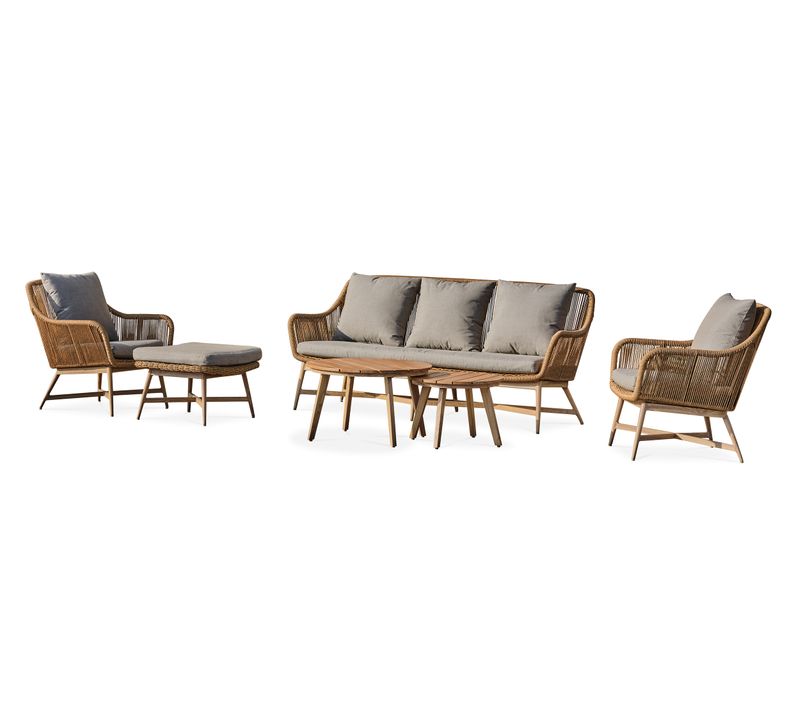 Salon Bas De Jardin 5 Places Alu Aspect Bois, Teck Et Corde Tissée - Marron - Palmas