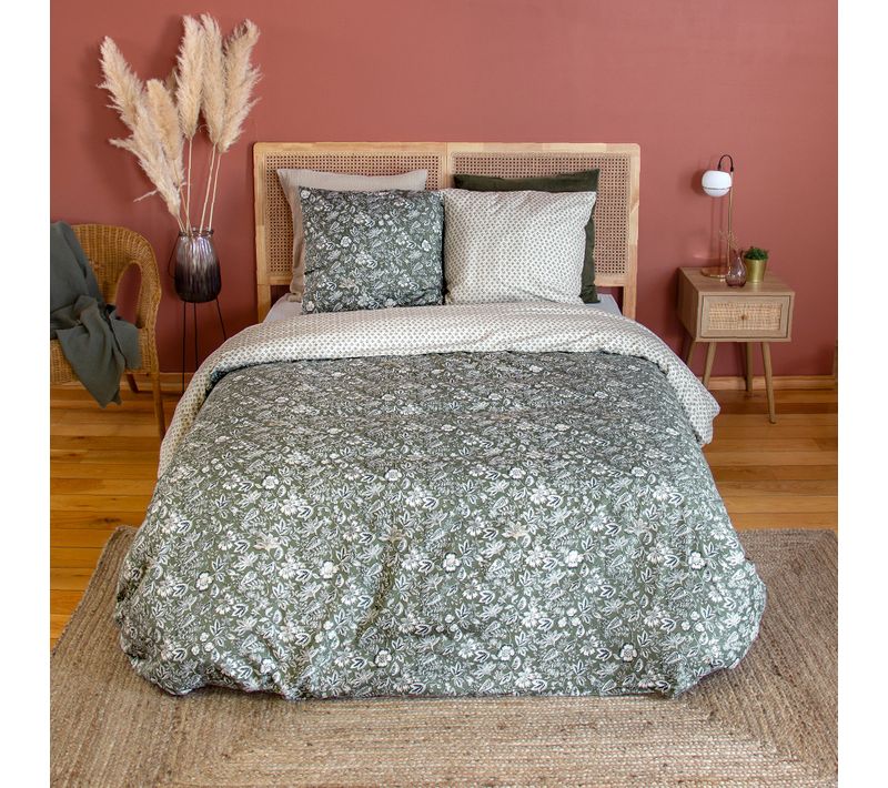 Parure De Lit 3 Pièces Réversible Motif Floral - 240x220 Cm - Kaki