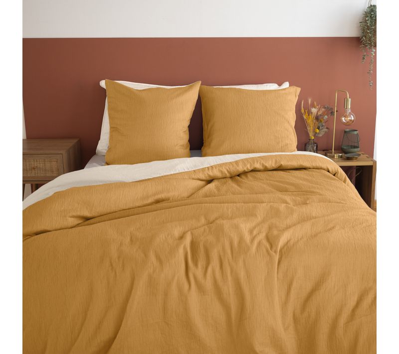 Parure De Lit Réversible - Effet Gaze De Coton - 240x220 Cm - Jaune Moutarde