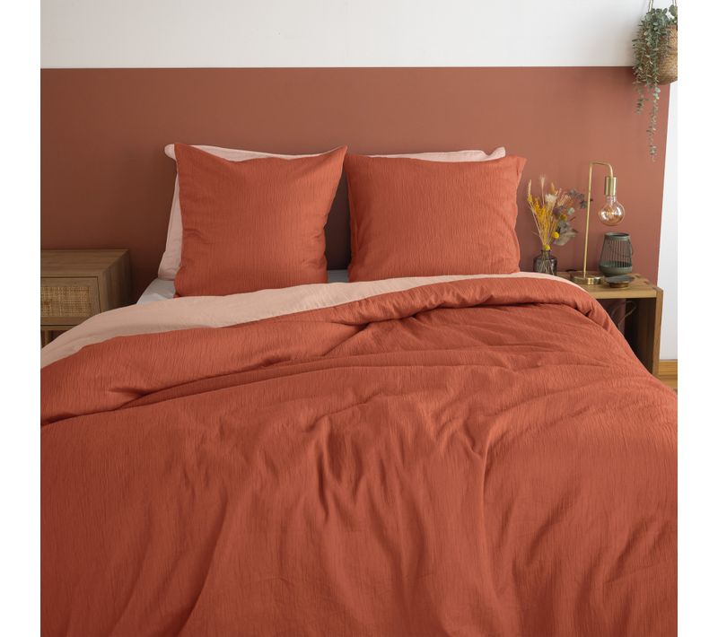 Parure De Lit Réversible - Effet Gaze De Coton - 260x240 Cm - Terracotta