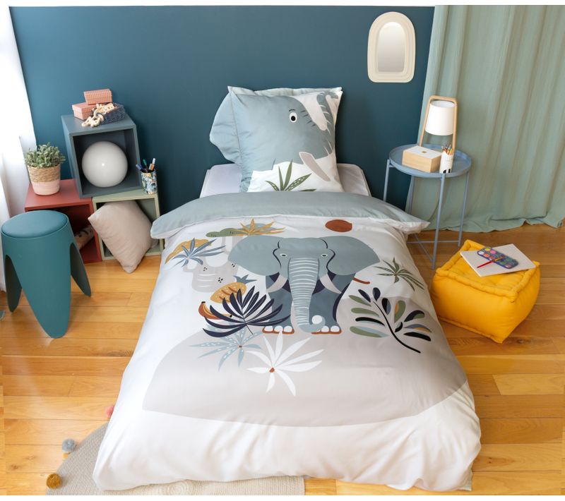 Parure De Lit Enfant 2 Pièces éléphant Housse + Taie - 140x200 Cm - Gris