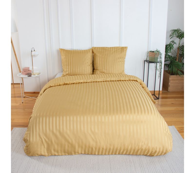 Parure De Lit 3 Pièces Satin à Fines Rayures Housse + Taies - 260x240 Cm - Jaune