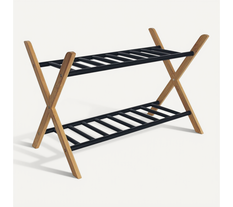 étagère à Chaussures 2 Niveaux Bambou Métal Noir 66 X 35,5 X 42 Cm