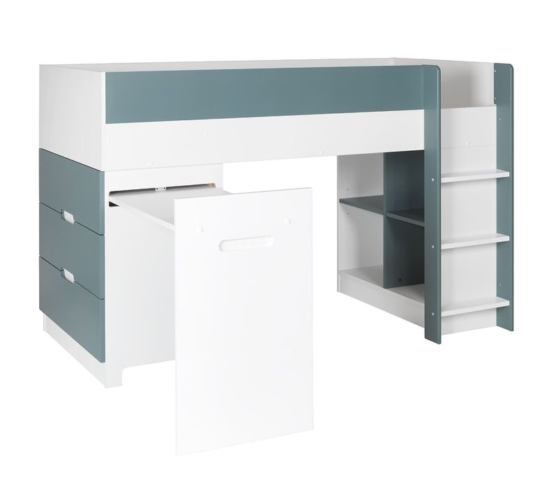 Lit Mi-hauteur Avec Bureau Et Commode Opus - Blanc Et Vert Mousse