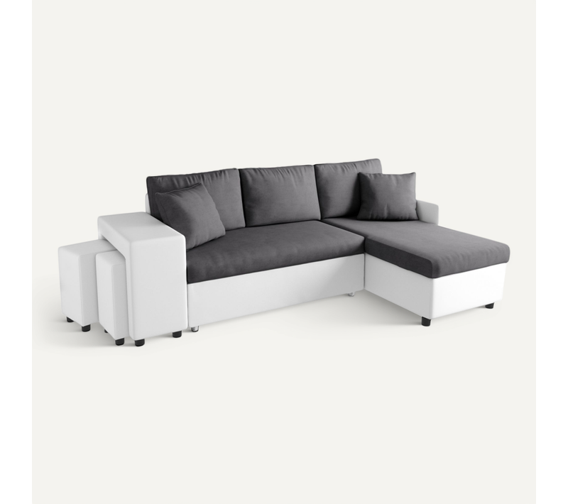 Canapé D'angle Réversible Convertible Avec Coffre Et 2 Poufs En Microfibre Et Simili