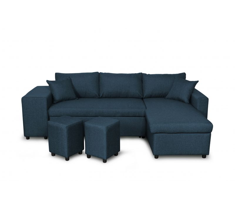 Canapé D’angle Oslo Convertible Avec Coffre Et Poufs Gauche En Tissu Bleu
