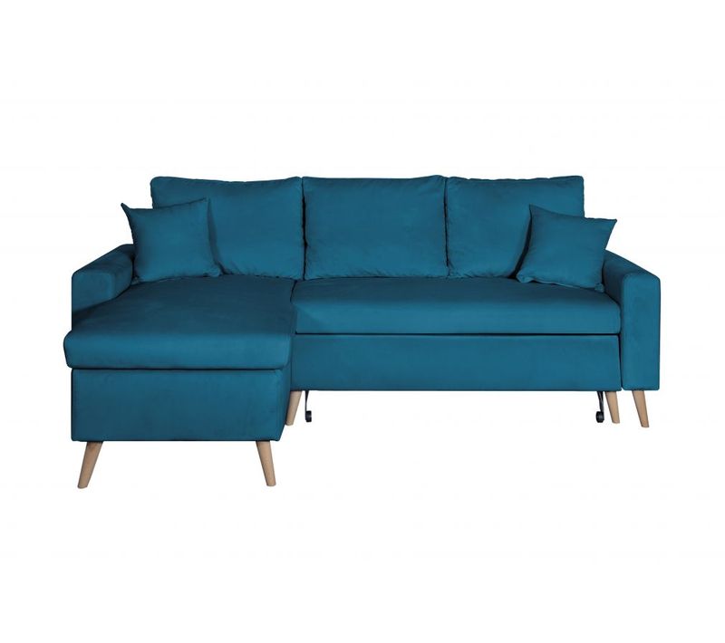 Canapé D'angle Maria Scandinave Velours Réversible Et Convertible Avec Coffre -  Bleu Pétrole