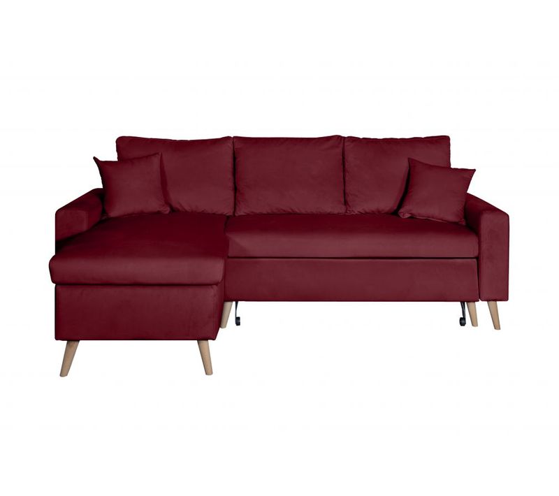 Canapé D'angle Maria Scandinave Velours Réversible Et Convertible Avec Coffre -  Bordeaux