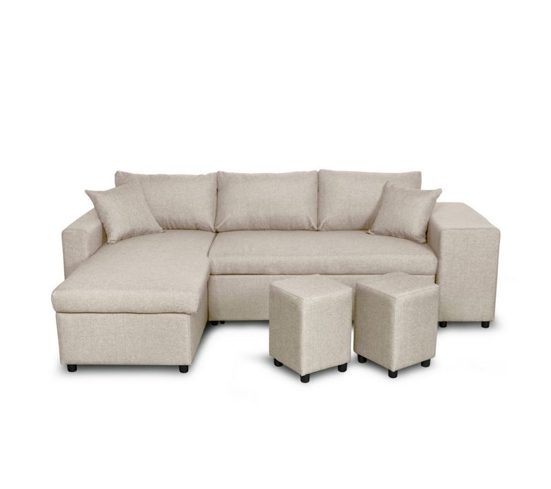 Canapé D’angle Oslo Convertible Avec Coffre Et Poufs Droit En Tissu Beige