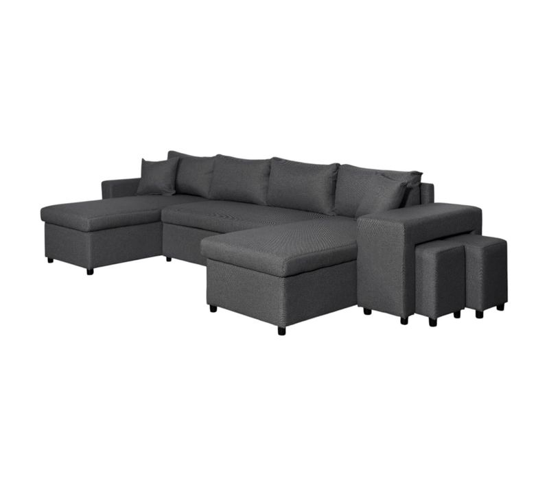 Canapé D'angle Panoramique Oslo Convertible Avec Coffres Et Poufs à Droite En Tissu - Gris Foncé