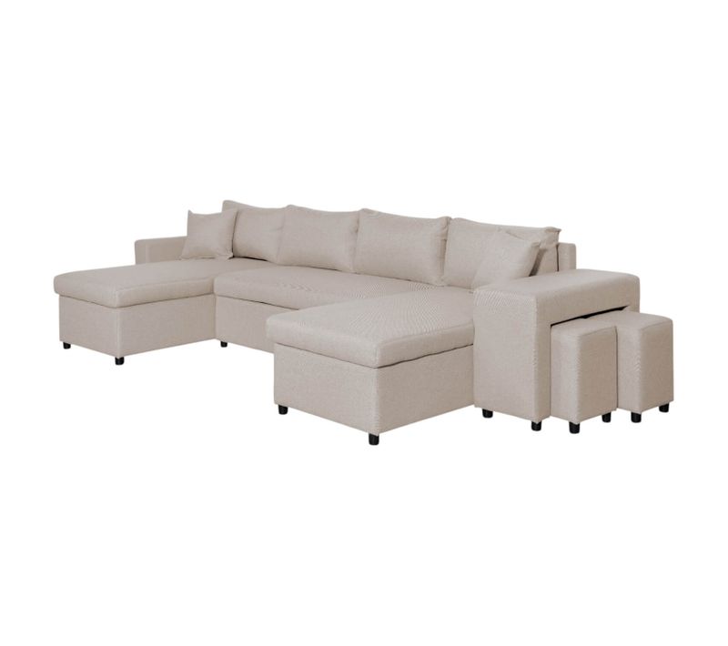 Canapé D'angle Panoramique Oslo Convertible Avec Coffres Et Poufs à Droite En Tissu - Beige