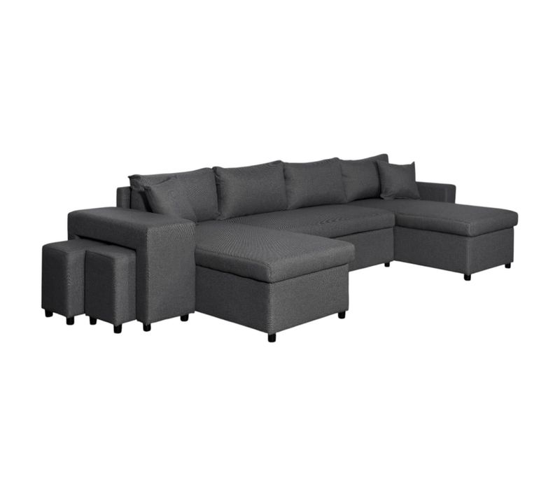 Canapé D'angle Panoramique Oslo Convertible Avec Coffres Et Poufs à Gauche En Tissu - Gris Foncé