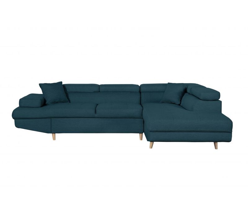 Canapé D'angle Droit Convertible Rio Scandinave Avec Coffre En Tissu - Bleu, Pieds Bois