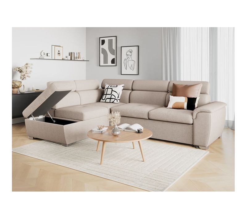 Canapé D'angle Convertible Paola 4 Places Avec Coffre En Tissu - Beige - Angle Gauche