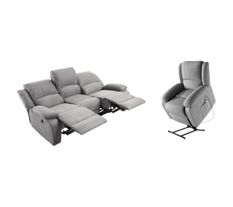 Relaxxo - Ensemble Canapé Relax électrique Leo 3 Places + Fauteuil Releveur En Microfibre Grise