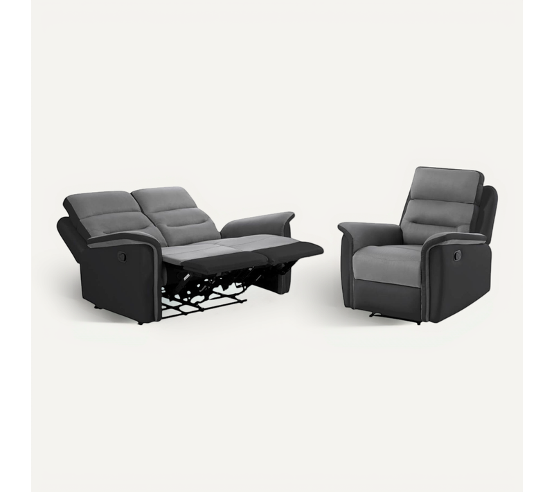 Relaxxo - Ensemble Canapé Relax Léon 2 Places + Fauteuil Manuel En Microfibre Et Simili Gris/noir