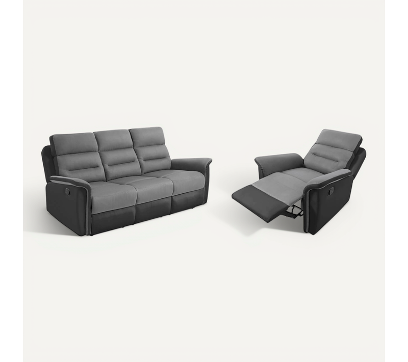 Relaxxo - Ensemble Canapé Relax Manuel Léon 3 Pl + Fauteuil Manuel En Microfibre Et Simili Gris/noir