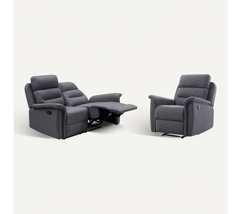 Relaxxo - Ensemble Canapé Relax Manuel Léon 2 Places + Fauteuil Manuel En Tissu Gris Foncé