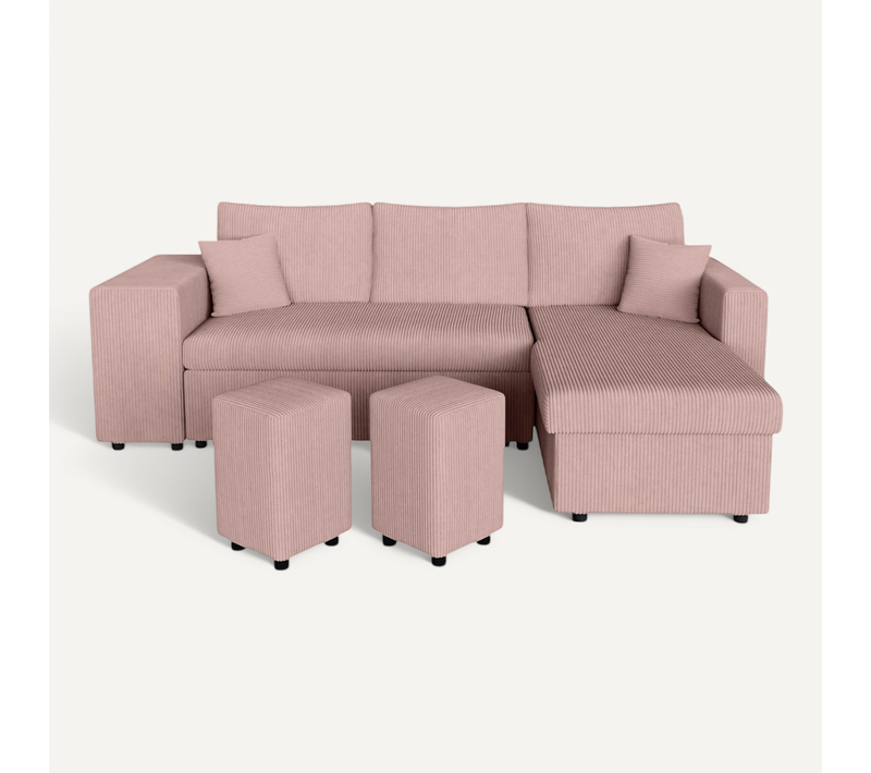 Canapé D'angle Réversible Convertible Oslo Avec Coffre, 2 Poufs à Gauche En Velours Côtelé Rose