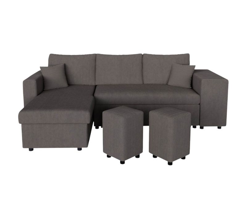 Canapé D'angle Réversible Convertible Oslo Avec Coffre 2 Poufs à Droite En Velours Côtelé Gris Foncé