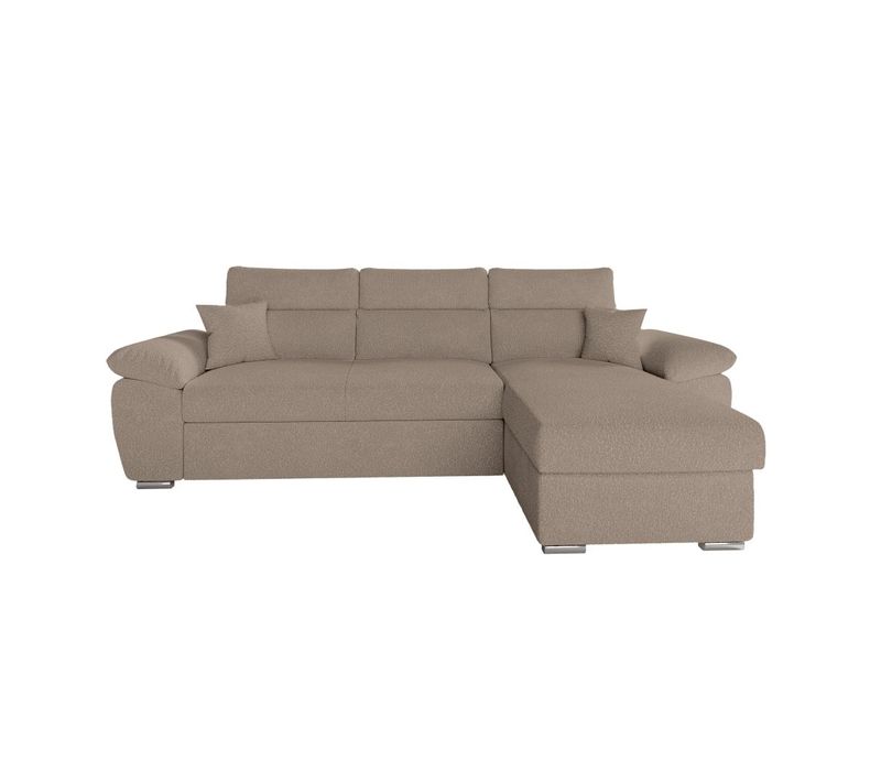 Canapé Komeco D'angle Réversible Convertible Avec Coffre Et Têtières En Tissu Bouclette Taupe
