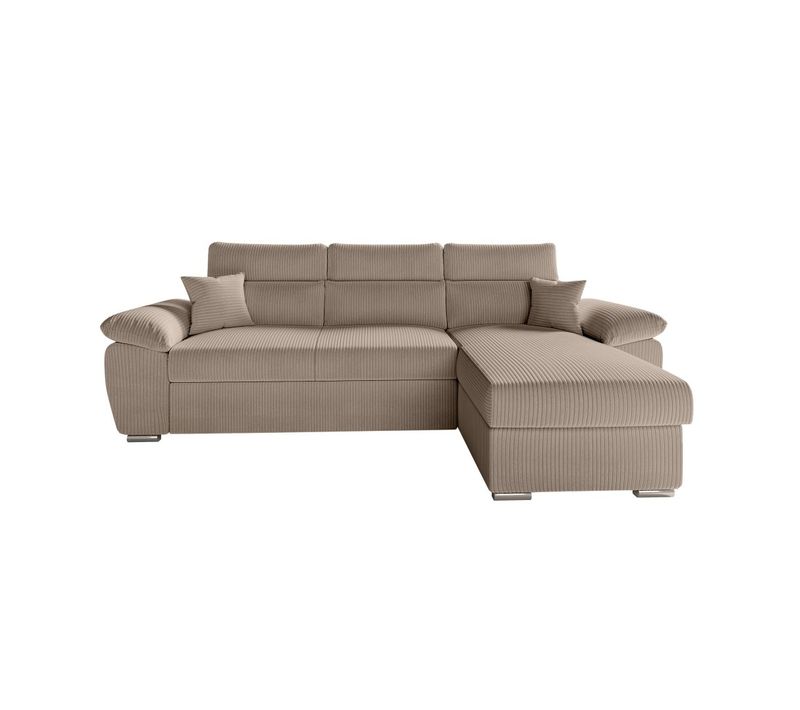 Canapé Komeco D'angle Reversible Convertible Avec Coffre Et Têtières En Velours Côtelé - Taupe