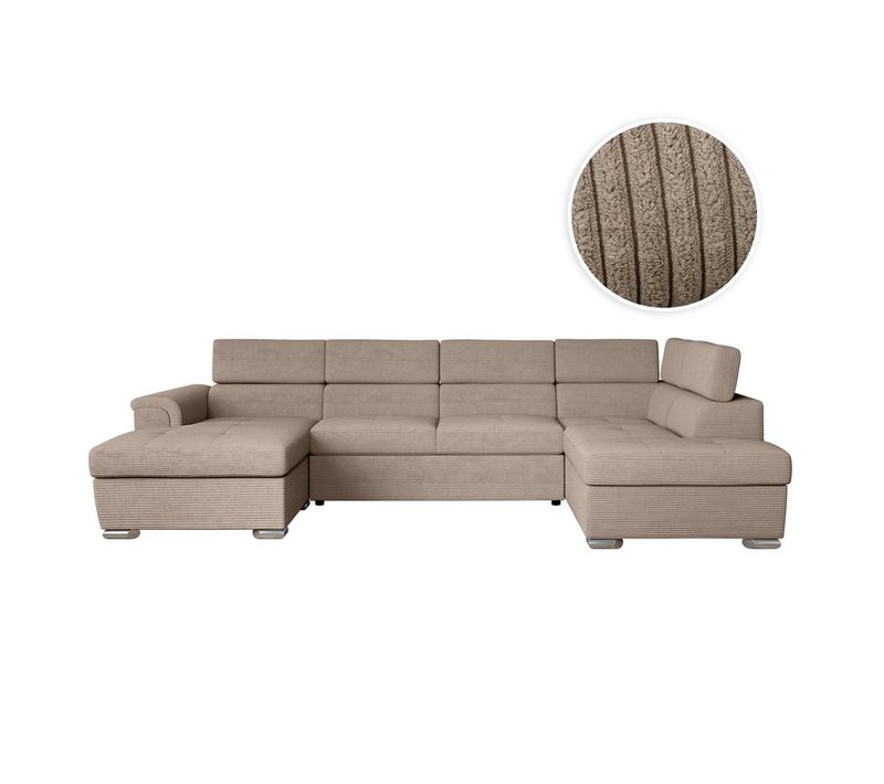 Canapé Panoramique 6 Places Paola Convertible Avec 2 Coffres En Velours Côtelé - Taupe