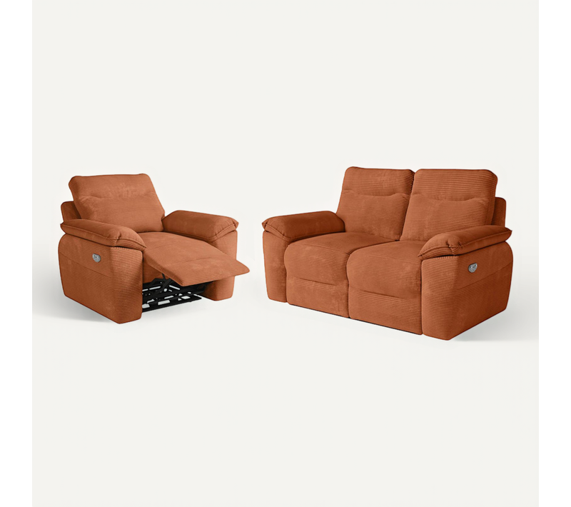 Pack - Canapé De Relaxation Ross électrique 2 Places Et Fauteuil En Velours Côtelé - Terracotta