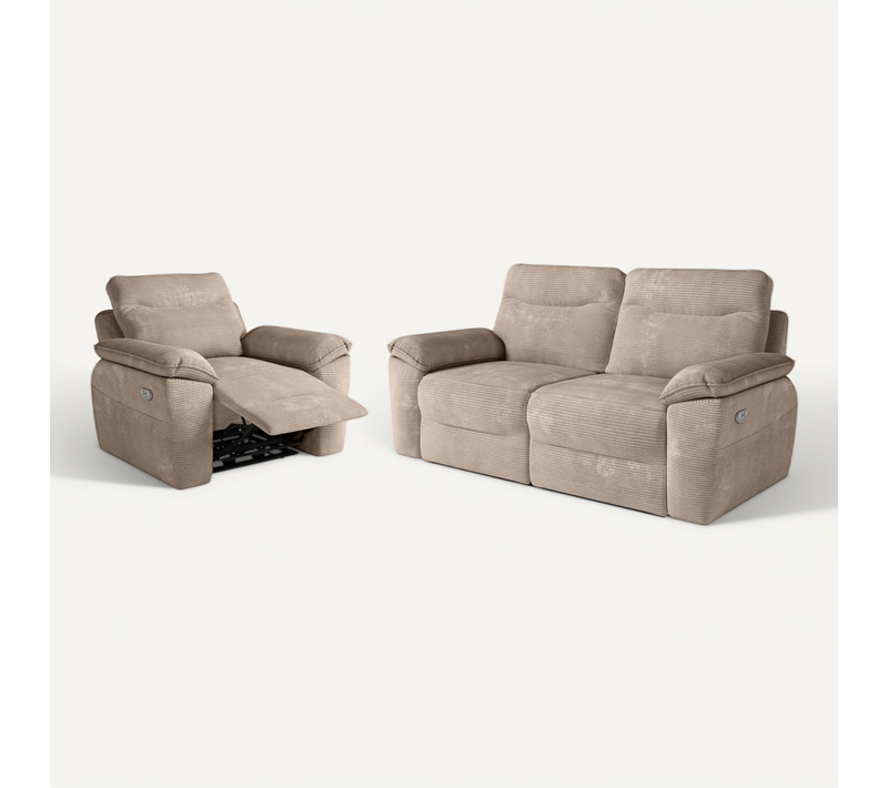 Pack - Canapé De Relaxation Ross électrique 3 Places Et Fauteuil En Velours Côtelé - Taupe