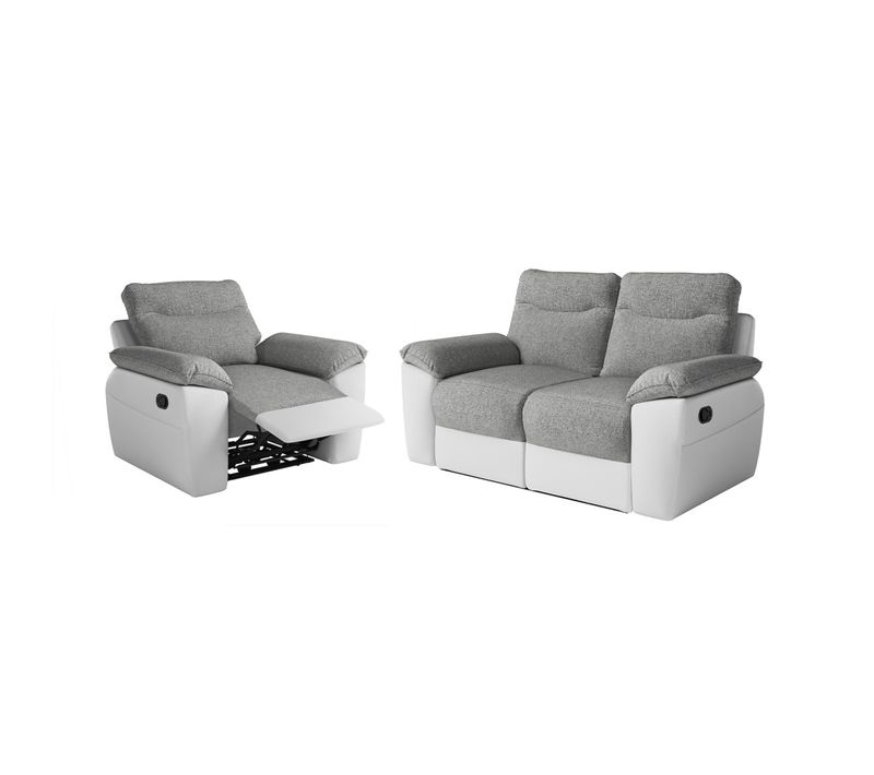 Pack - Canapé De Relaxation Ross Manuel 2 Places Et Fauteuil En Tissu Antitache - Blanc/gris