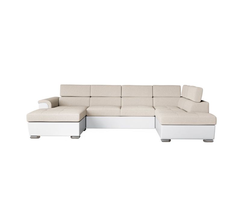 Canapé Panoramique Paola Convertible 2 Coffres En Tissu Easy Clean Antitache Et Simili- Beige/blanc