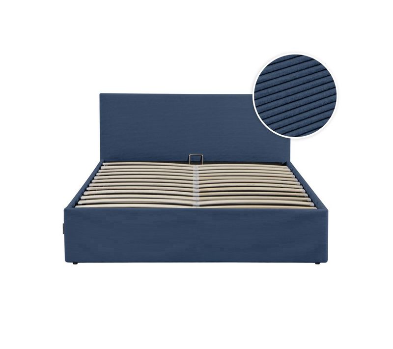 Cadre De Lit Edgar Avec Coffre De Rangement Et Tête De Lit En Velours Côtelé Bleu Foncé - 160x200cm