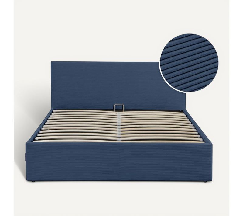 Cadre De Lit Edgar Avec Coffre De Rangement Et Tête De Lit En Velours Côtelé Bleu Foncé - 180x200cm