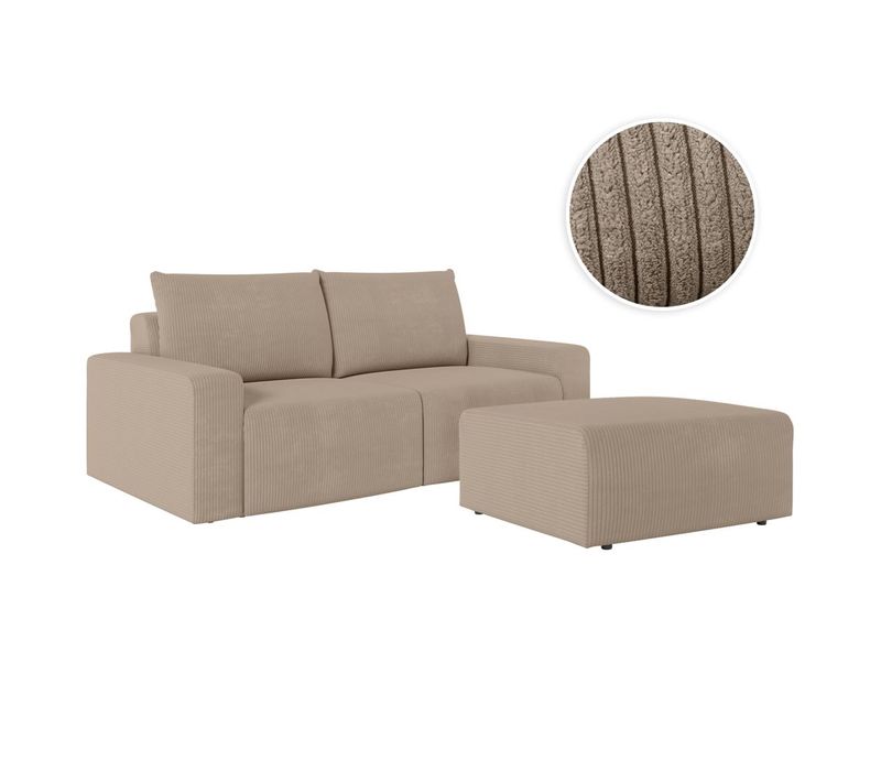 Pack - Canapé Droit Fixe 2 Places Romane Avec Pouf En Velours Côtelé - Taupe