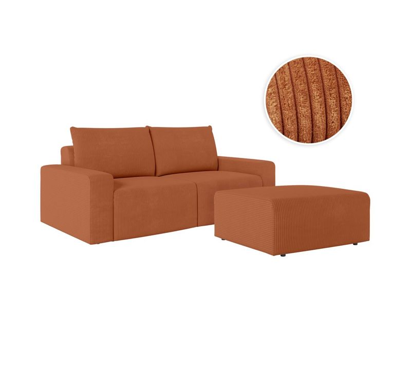 Pack - Canapé Droit Fixe 2 Places Romane Avec Pouf En Velours Côtelé - Terracotta