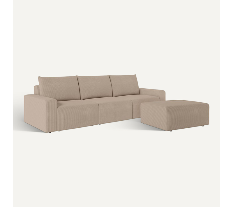 Pack - Canapé Droit Fixe 3 Places Romane Avec Pouf En Velours Côtelé - Taupe