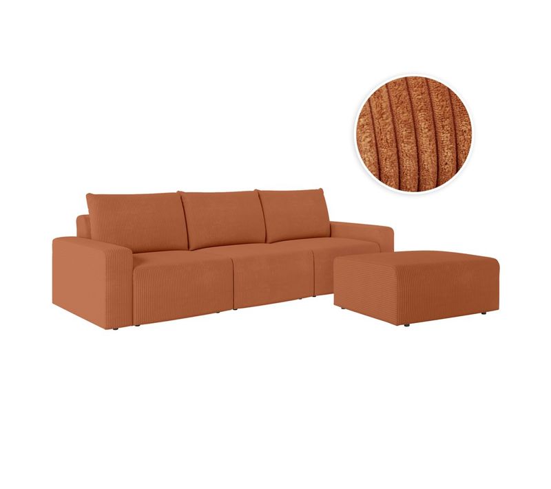 Pack - Canapé Droit Fixe 3 Places Romane Avec Pouf En Velours Côtelé - Terracotta