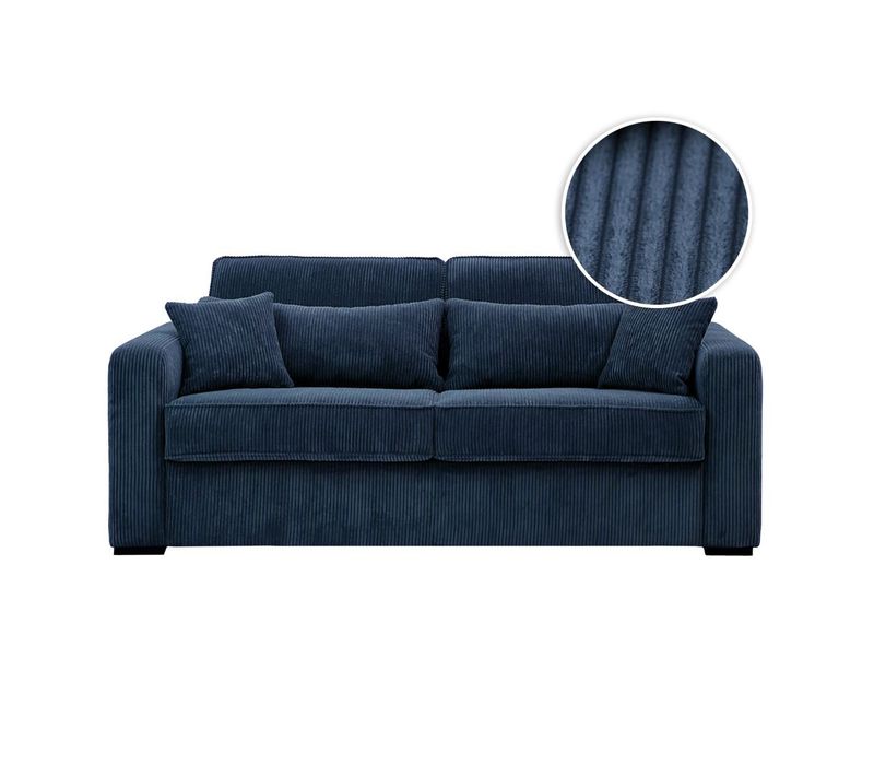 Canapé Convertible Express 3 Places Esio Couchage Quotidien 140x190cm En Velours Côtelé - Bleu Foncé