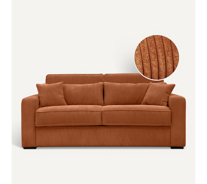 Canapé Convertible Express 3 Places Esio Couchage Quotidien 160x190cm En Velours Côtelé - Terracotta