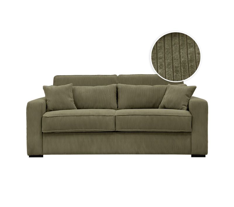 Canapé Convertible Express 3 Places Esio Couchage Quotidien 160x190cm En Velours Côtelé - Vert Kaki