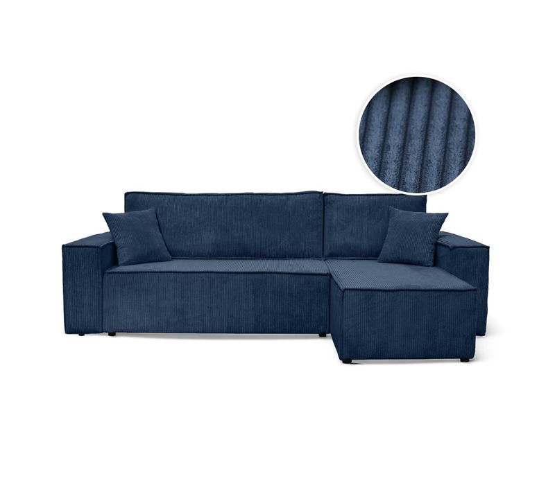 Canapé D'angle Farah Convertible Et Réversible 4 Places En Velours Cotelé - Bleu Foncé