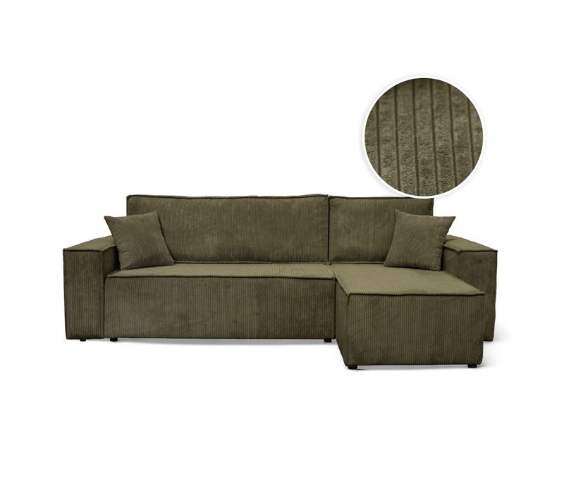 Canapé D'angle Farah Convertible Et Réversible 4 Places En Velours Cotelé - Vert Kaki