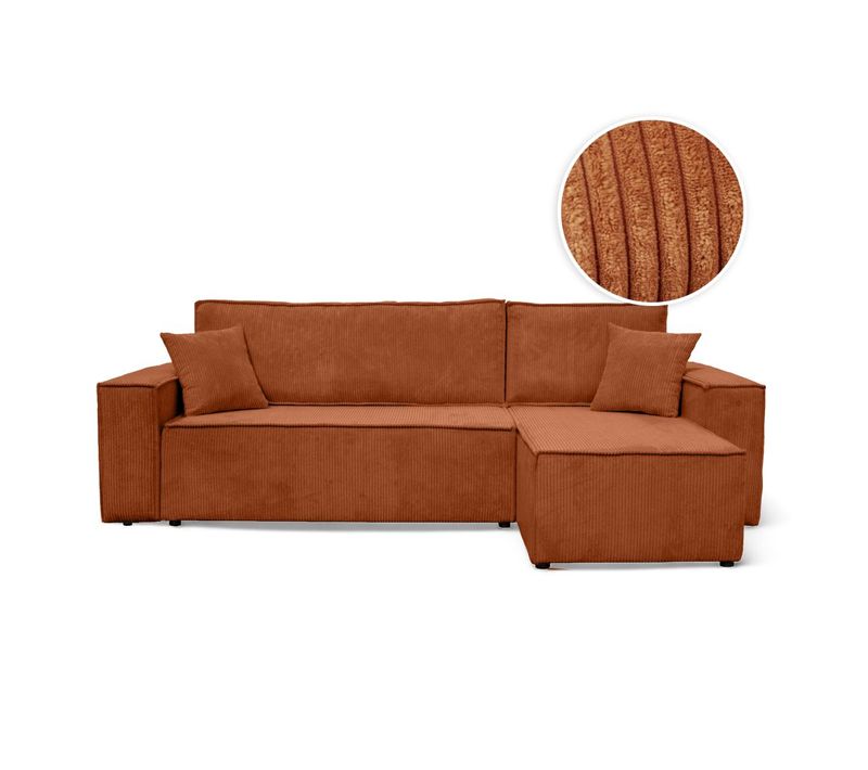 Canapé D'angle Farah Convertible Et Réversible 4 Places En Velours Cotelé - Terracotta