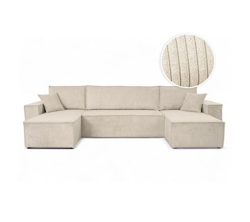 Canapé D'angle Farah Panoramique Convertible 6 Places En Velours Cotelé - Beige