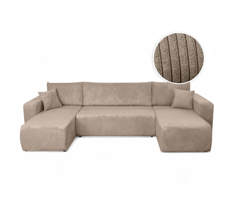 Canapé D'angle Alya Panoramique Convertible 6 Places En Velours Cotelé - Taupe