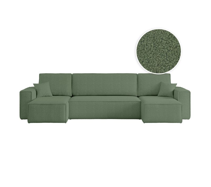 Canapé D'angle Farah Panoramique Convertible 6 Places En Tissu Bouclette - Vert Foncé