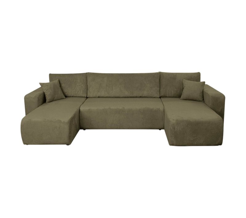 Canapé D'angle Alya Panoramique Convertible 6 Places En Velours Cotelé - Vert
