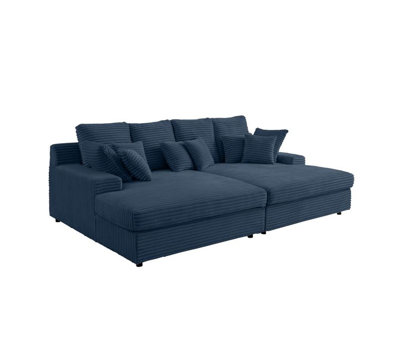 Canapé Droit 4 Places Fluffy Double Méridienne Et Assise Profonde En Velours Côtelé - Bleu Foncé